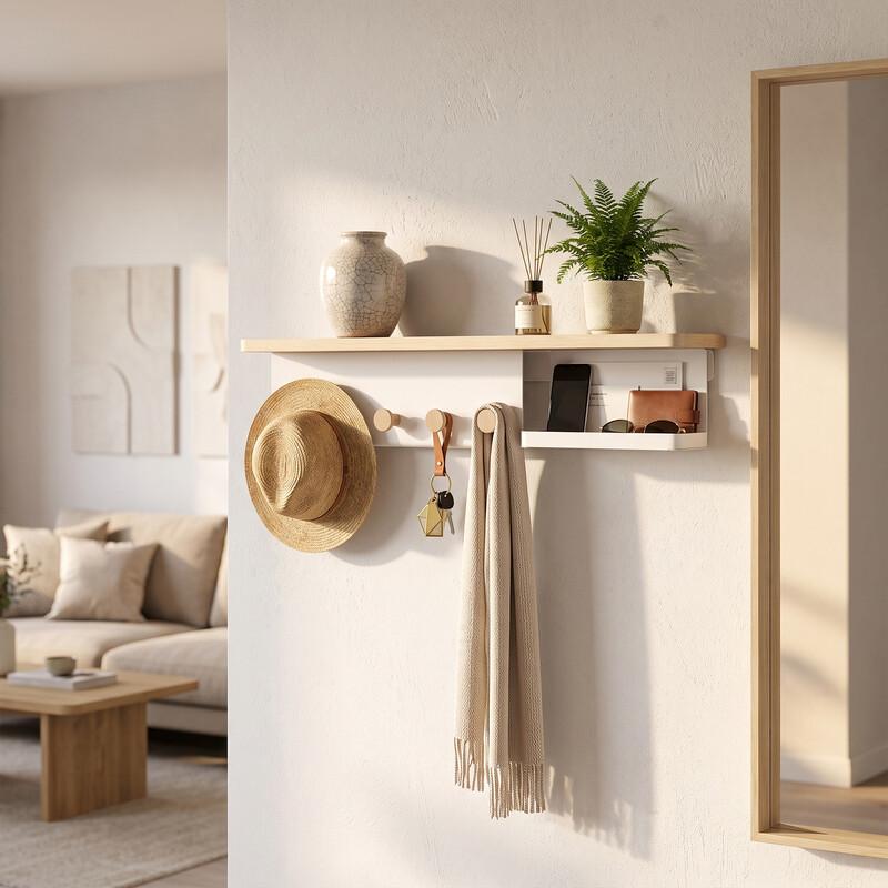 kapanou Floating Shelves for Wall, Natural Wood Grain Shelf with Front and Back Coat Hooks and Extra Storage Compartments (White), New Year Sale, Top Gift Picks