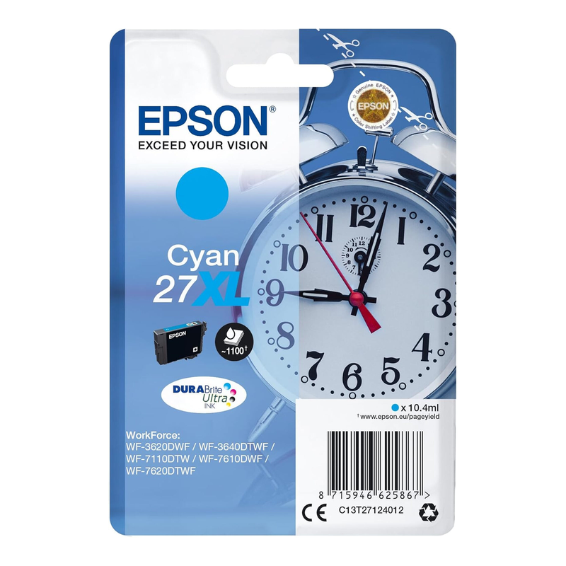 Epson wekker, enkelverpakking, cyaan, 27XL DURABrite Ultra-inkt