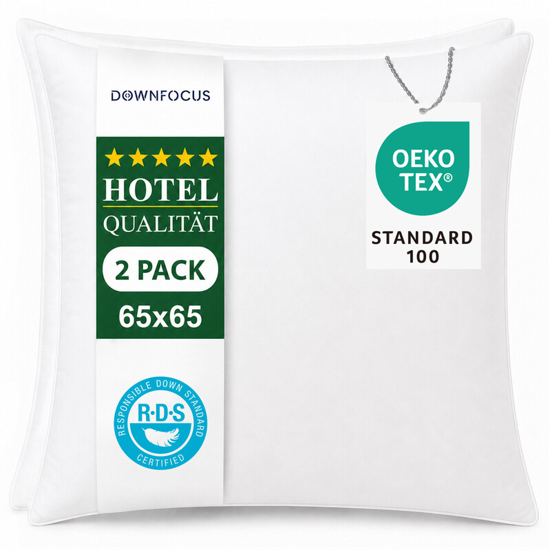 DOWNFOCUS klassiek design witte 100% verenkussens met 100% katoenen hoes, 1200 g verenvulling, standaard zachte kusseninleggers 65 x 65 cm, set van 2, OEKO-TEX gecertificeerd, hypoallergeen, RDS gecertificeerd voor dierenwelzijn