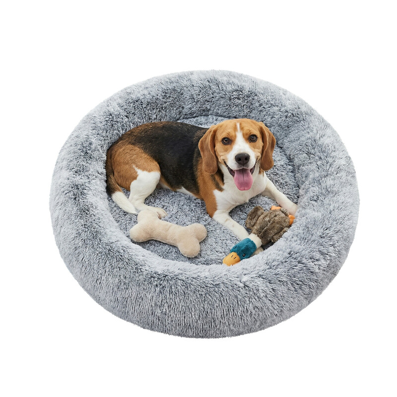 JOYFURNOS pluche donutvormig hondenbenchbed met afneembare en wasbare hoes, grijs, 80 x 20 cm, langharig pluche