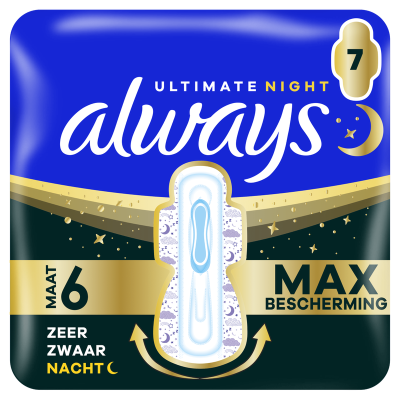 Always ultieme nacht maandverband (maat 6) met vleugels x 7