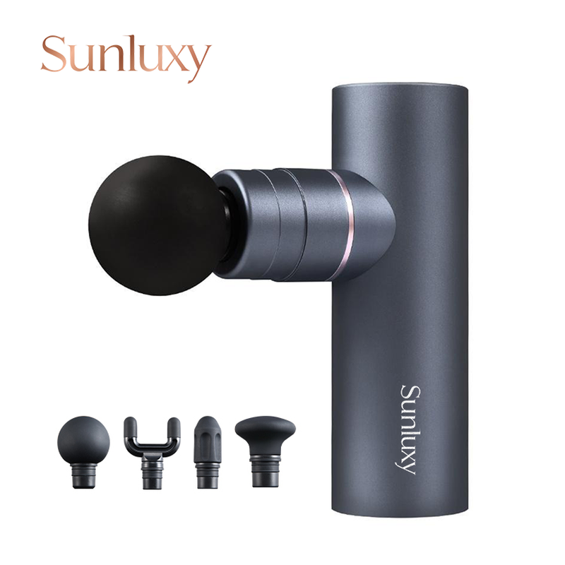 Sunluxy CM20C Elektrische Hand-Massagepistole – 76W starke Leistung, 9 Stunden Akkulaufzeit, 5 Geschwindigkeitsstufen & 4 Massageköpfe, kompaktes Tiefengewebe-Perkussionsmassagegerät, Grau