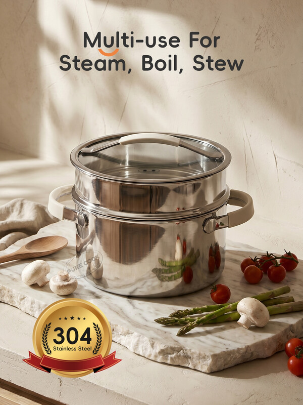PURECOOK Stock Pot | Tri‑Ply 304 Stainless Steel | With Lid | Detachable Anti‑Scald Silicone Sleeves | Mirror Polished Exterior | Brushed Inner Surface | Elegant Metallic Look | Large 24cm(10‑Inch) | For Family Daily Cooking | 5.64 QT | All Cooktops | Free from PFAS, PTFE and PFOA