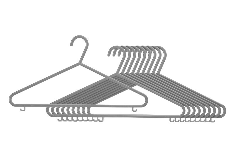 Set of 10 Grey Plastic Hangers, Sturdy Apparel Organisers, Durable Dress Holders, Pra