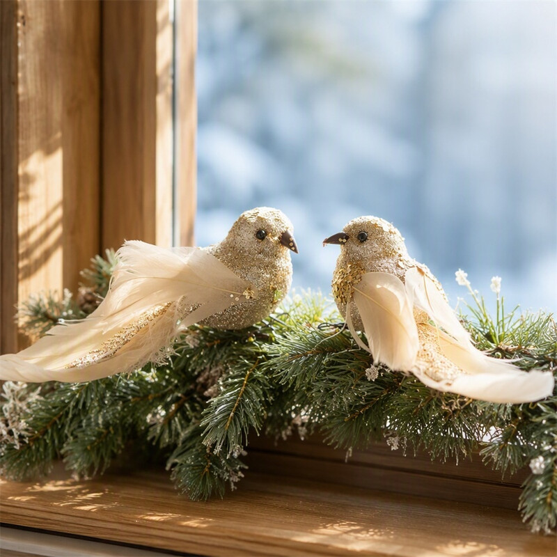 Huacan Kerstdecoratie vogels champagnekleur
