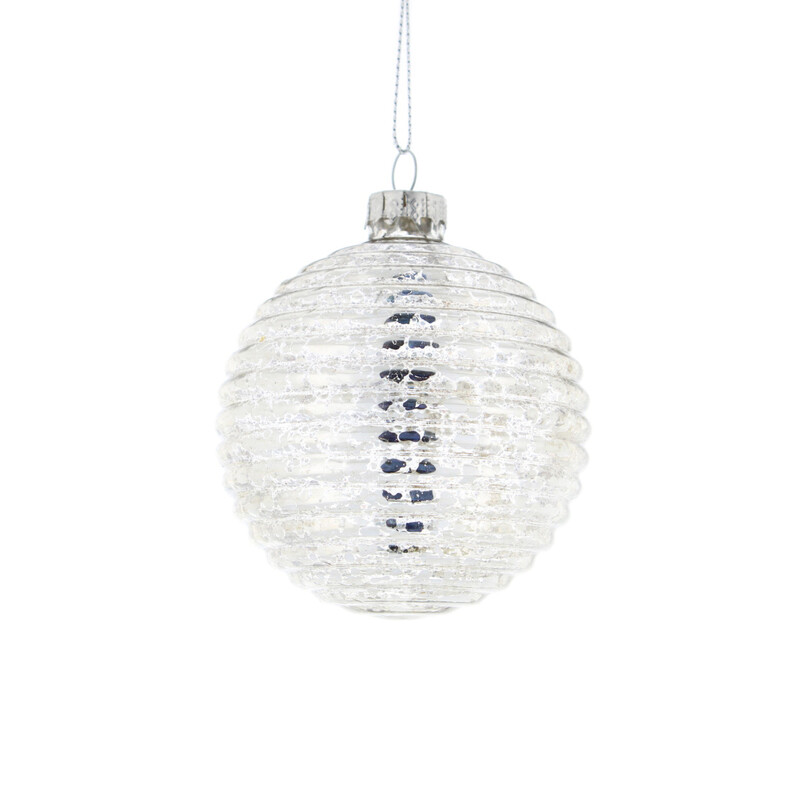Festive Christmas Antique Silver Ribbed Glass Ball Ornament, 8cm Diameter for Holiday Tree Decorations and Seasonal Party Decor