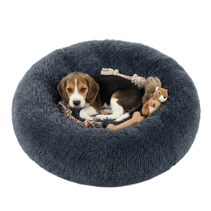 JOYFURNOS Hondenbed, Ronde donutmat, Bank, Verwijderbaar en wasbaar middelkussen, Zachte pluche stof, Diameter: 70 cm, Donkergrijs