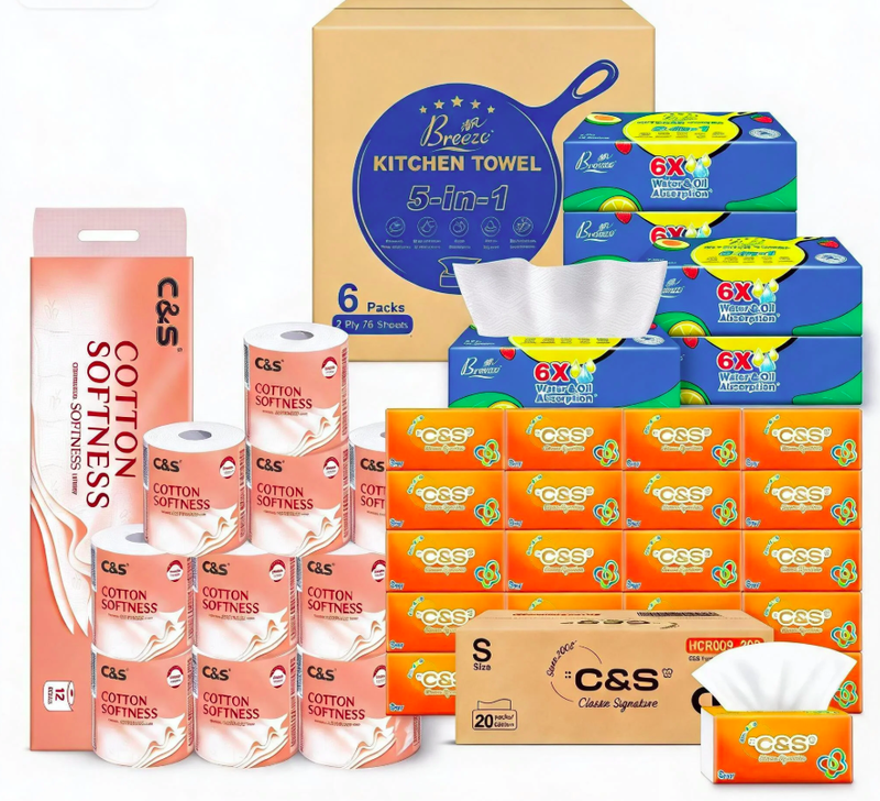 Huishoudelijke tissue bundel - C&S 4-laags toiletpapier 120 g x12*1 + C&S gezichtstissues 2400 vellen (120*20)*1 + Breeze keukenpapier 456 vellen (76*6)*1