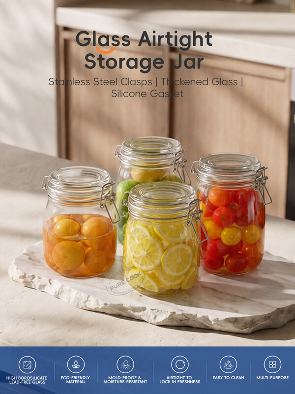 PURE COOK Glass Storage Jars with Airtight Lid - 700ml Round Clear Kitchen Containers for Food, Salt, Pepper, Honey, Set of 2