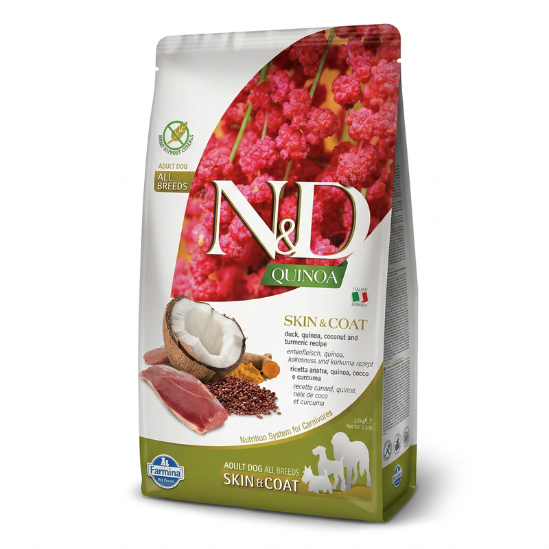 Farmina N&D Quinoa Fell-Supplement (Ente, Quinoa, Kokosnuss und Kurkuma) Adult Hundefutter (Miniatur) 2,5 kg