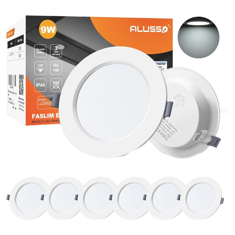 LED Recessed Spotlight 230 V Ultra Flat 9 W Ceiling Spotlights 6500 K Cool White Slim Recessed Lights 25,5 mm Installation Depth IP44 Ceiling Spotlight for Bathroom Living Room Set of 6 [Energy Class E]