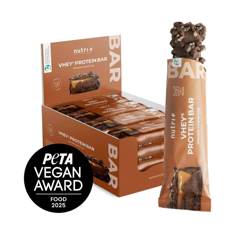 Nutri+ VHEY Proteinriegel Schokolade Karamell Knusper 12×50 g Box