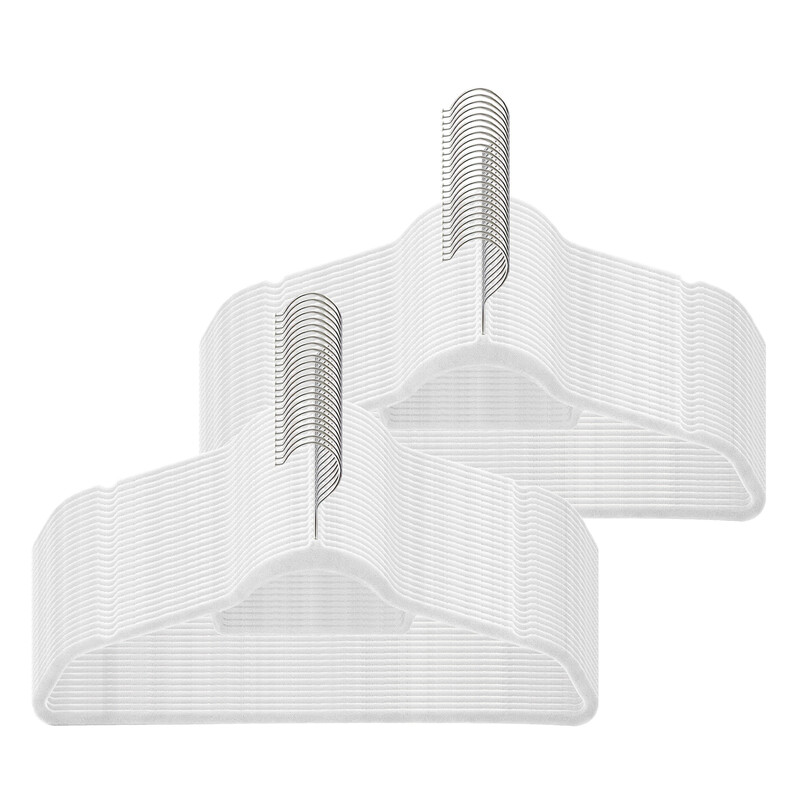 Ochama Plush Velvet Clothes Hangers, Set of 50 - Non-Slip Coat Hangers with Tie Rack and Full Swivel Hook, Space-Saving Design, 0.6 cm Thick, 43.5 cm Long, for Trousers, Silver/White