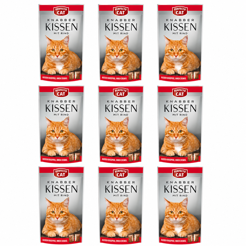 PERFECTO CAT Feine Knabber-Kissen mit Lachs - 9 x 150g MEGA PACK - Gefüllte knusprige Katzensnacks