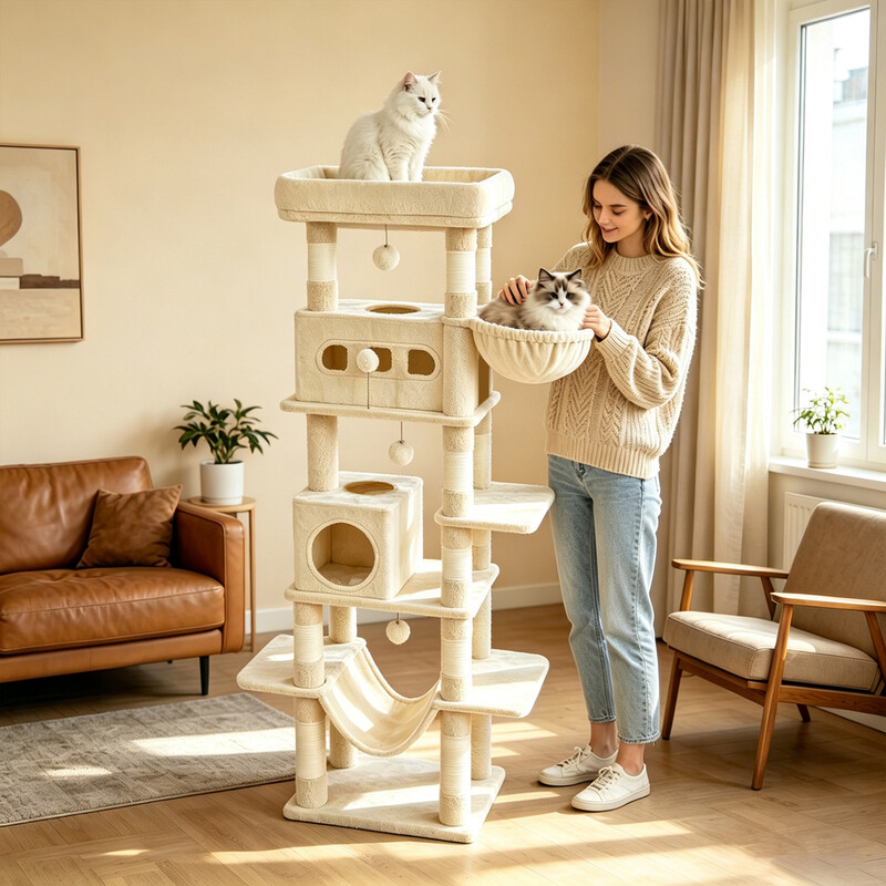 172,5 cm hoge krabpaal, 6-laags klimrek met dubbele holtes, groot platform, hangmat, 8 sisalpalen, stabiele krabpaal voor meerdere katten