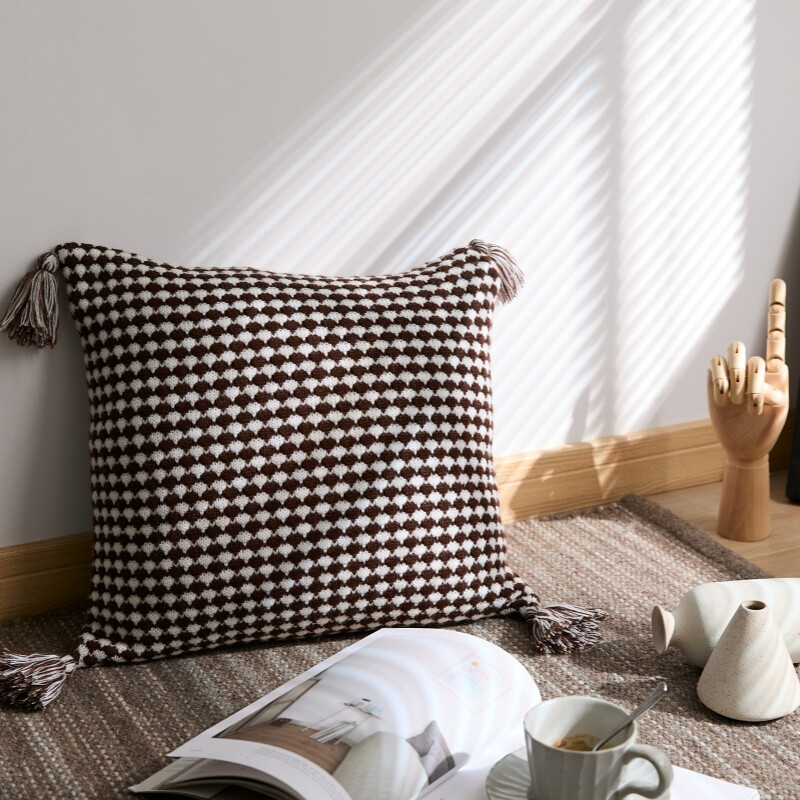 , Acrylic Knit/Waffle Cushion Cover, 50x50cm, coffee/white, 1pack