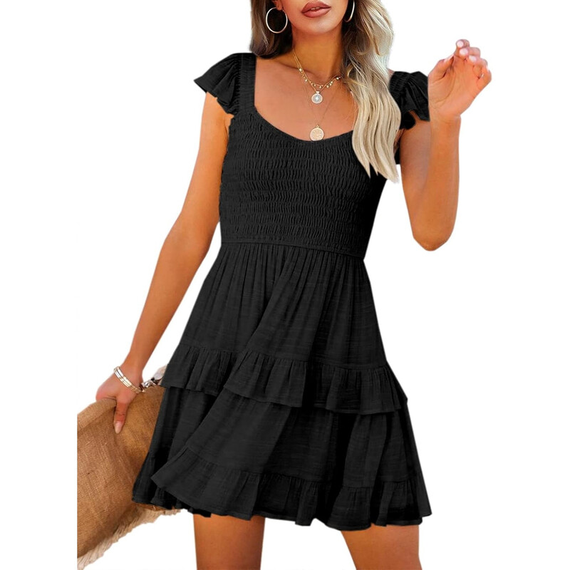 Women's Summer Ruffle Dresses Elastic Empire Waist A-line Layered Swing Flowy Mini Dr