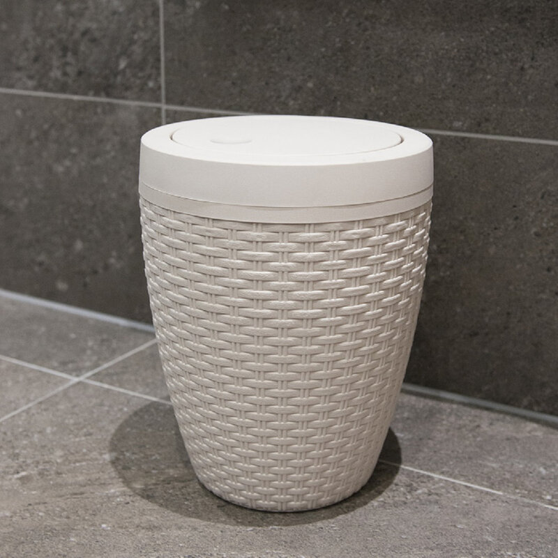 Faux Rattan Round Bathroom Bin with Swing Lid - Calico Linen