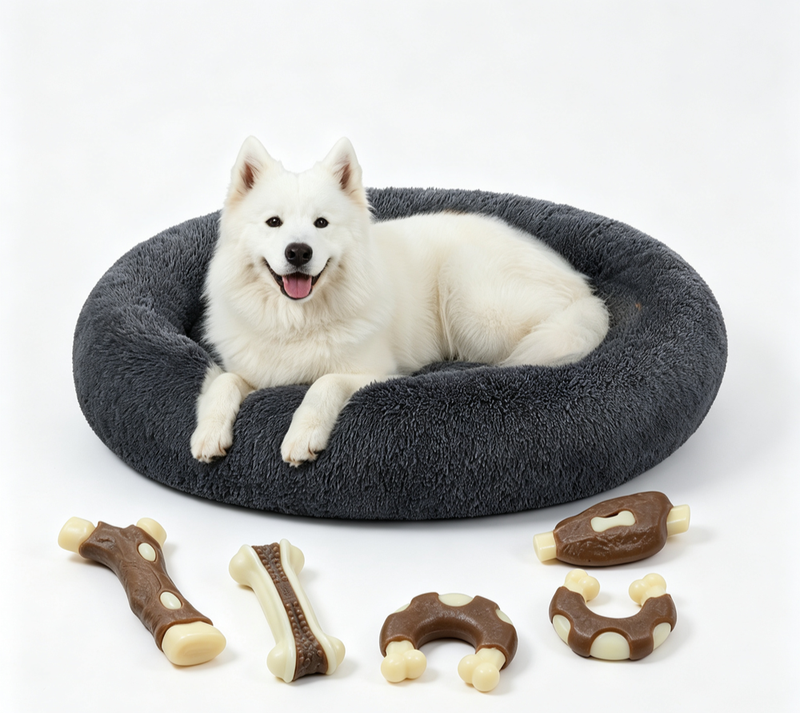 JOYFURNOS Zacht pluche kalmerend hondenbenchkussen met afneembare, machinewasbare hoes, donkergrijs, 120 x 20 cm en hondenkauwspeeltjes 4-pack met vleessmaak, tandverzorgende kauwspeeltjes voor tandreiniging en vervanging