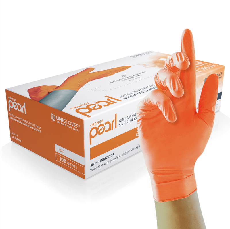 Unigloves Orange Pearl Nitrile Examination Gloves - Multipurpose, Powder Free And Latex Free Disposable Gloves, S