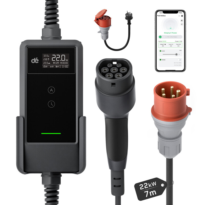 dé Mobile Wallbox Ladestation 22kW mit App 3-phasig 7m 6-32A Stromzähler Ladekabel CEE 32A auf Typ 2 EV Ladegerät für EV PHEV