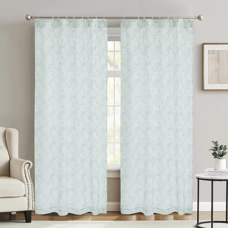 MEROPE, Transparant Gordijn van Polyester met Bloemenprint, 136x250cm, zacht zeegroen, 2-pack