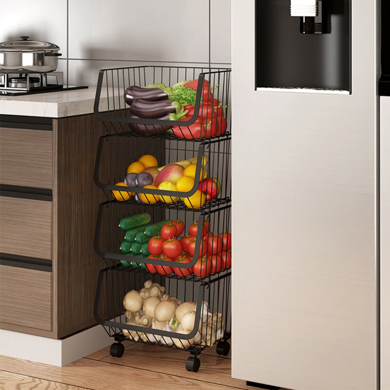 LIVINGANDHOME Kitchen Storage Rack - Stackable Rolling Metal Wire Basket Trolley for Fruit Vegetable Organization & Display