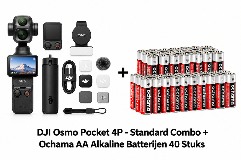 DJI Osmo Pocket 4P - standaard combo + Ochama AA alkalinebatterijen 40-pack - voordeelbundel