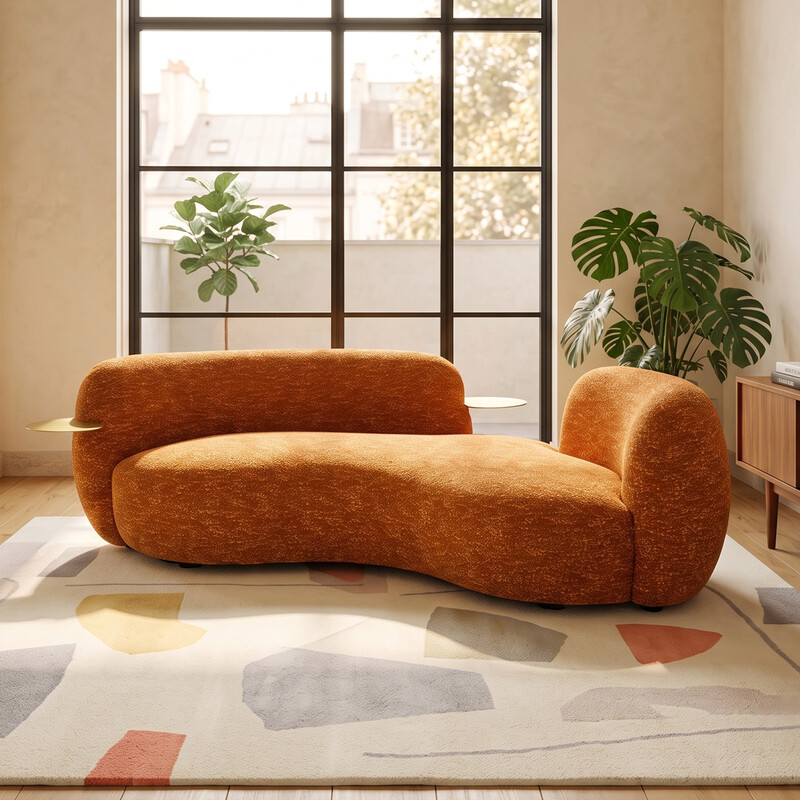 URBAN MEUBLE Organic Serie geschwungenes Sofa mit integrierten Tabletts - Braun Bouclé, 252*135*72 cm (1 Stück)