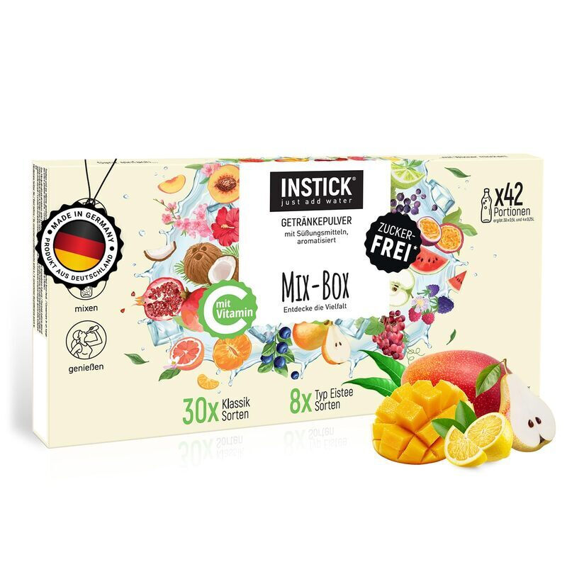 INSTICK Getränkepulver – Mix-Box Starter Set mit 42 Sticks (Eistee, Energy & Klassiker) – Zuckerfreies Erfrischungsgetränk – Kalorienarm, Vegan – Für Wasser mit Geschmack