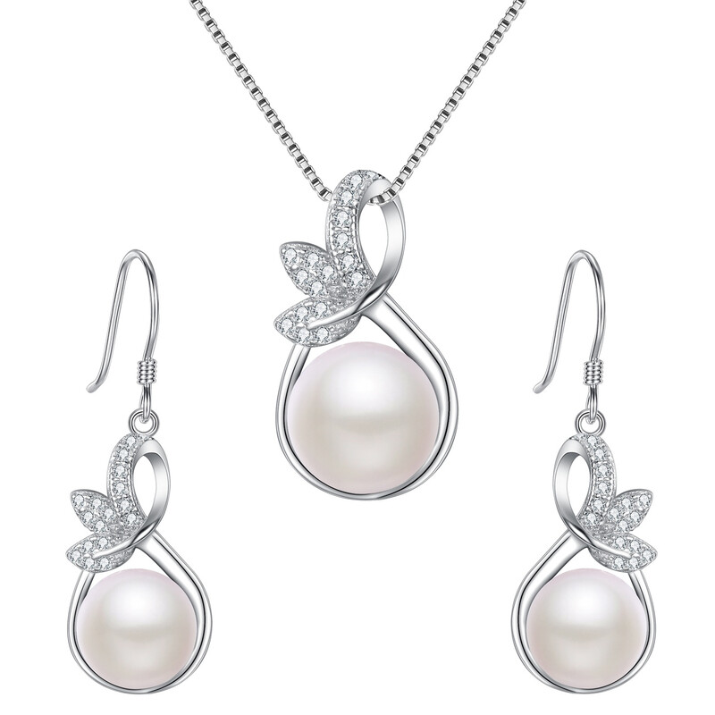 Cubic Zirconia and Ivory Freshwater Cultured Pearl Infinity Leaf Vine Necklace with H