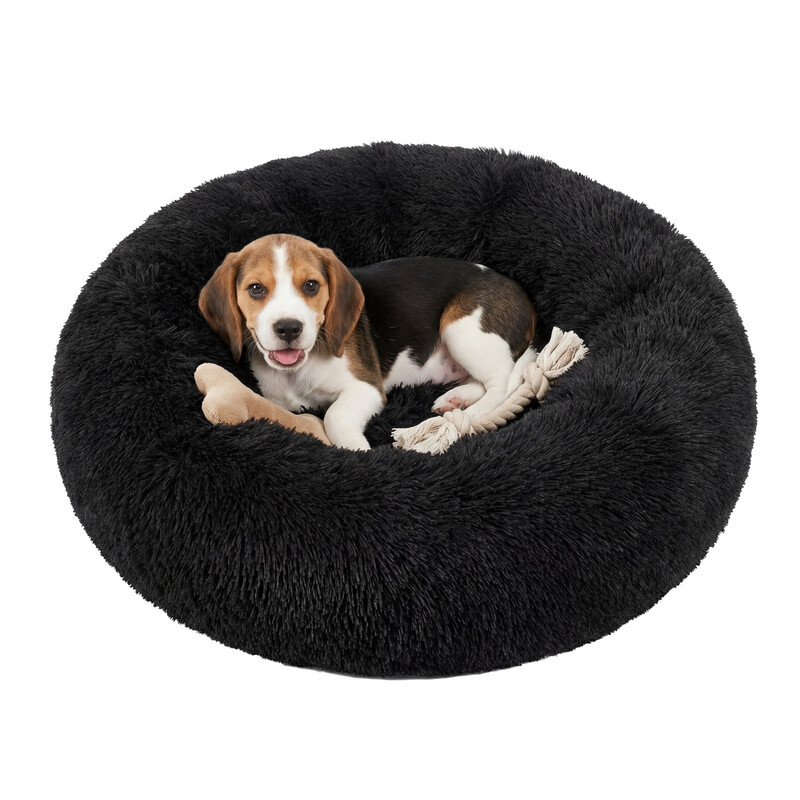 JOYFURNOS Hondenbed, Ronde donutmat, Bank, Verwijderbaar en wasbaar middelkussen, Zachte pluche stof, Diameter: 70 cm, Zwart