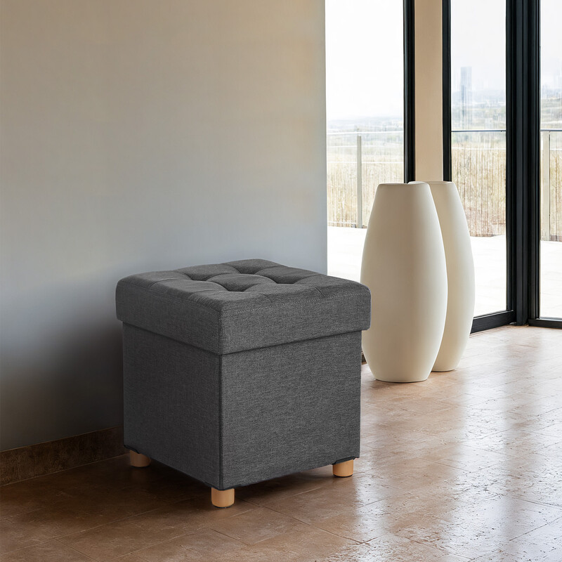 JOYFURNOS Leigrijs opvouwbare ottomane – 38 x 38 x 40 cm, kleine voetenbank & opbergkruk, ondersteunt 300 kg – compact voor woonkamer, slaapkamer of studentenkamer