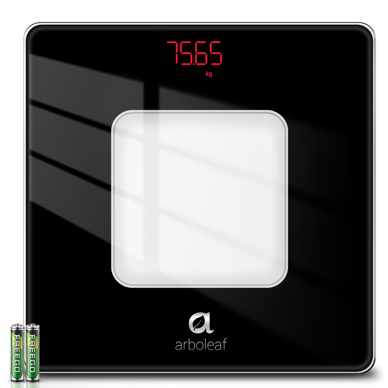 Arboleaf CS20H Digitale Personenweegschaal, nauwkeurige gewichtsmeting, duidelijk digitaal display (in kg), uiterst nauwkeurige sensoren, duurzaam platform van gehard glas, geschikt voor thuis en in de badkamer, zwart