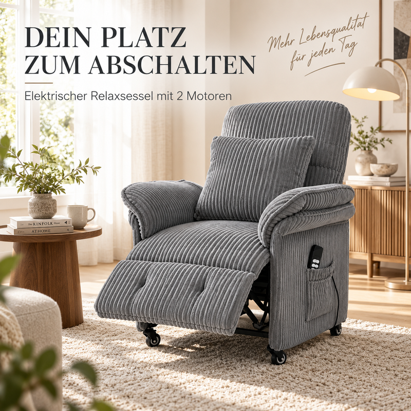 KAUFHOF Galeria Kaufhof Elektrischer Relaxsessel mit 2 Motoren, Hellgrauer Cord | Elektrischer Relaxsessel mit unabhängig verstellbarer Rückenlehne & Fußstütze, 95°–175° Neigung, Verriegelbare Rollen & 2 Seitentaschen