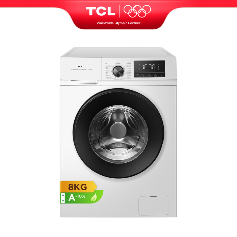 TCL Waschmaschine, 8 kg, Energieeffizienzklasse A-10 % mit BLDC-Motor, Dampfwäsche, Schnellwäsche 15 Min., Kindersicherung FF2408WA2