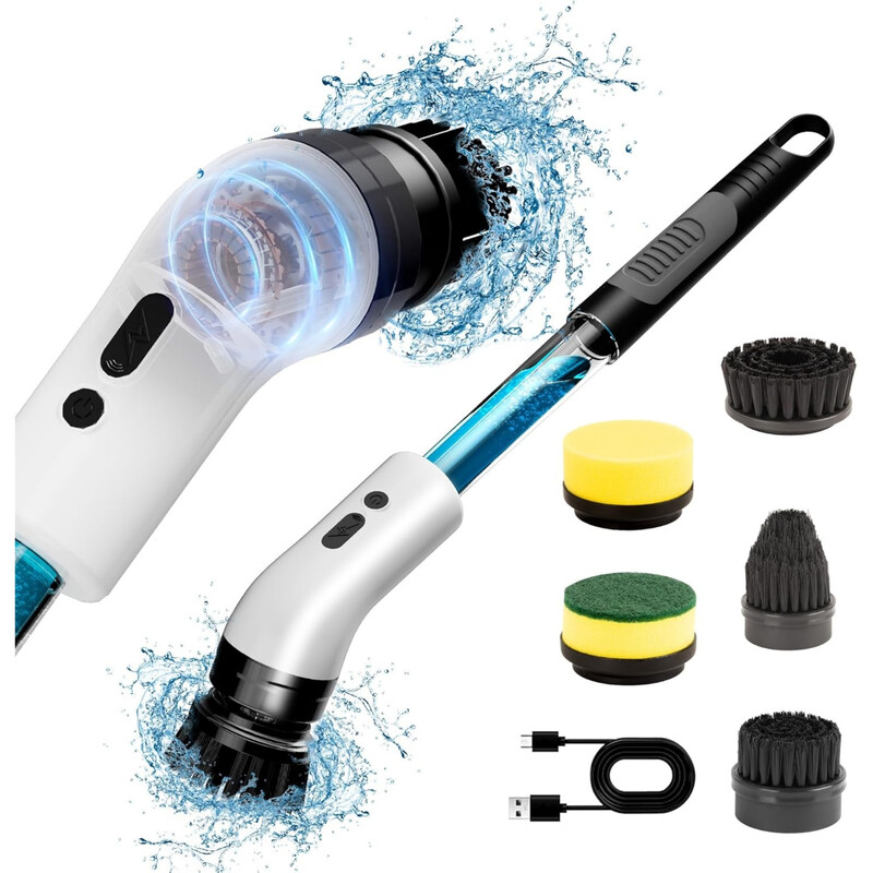 Electric Spin Scrubber, Liquid Storage Design, Perfect for Cleaning + 5 Heads Replace