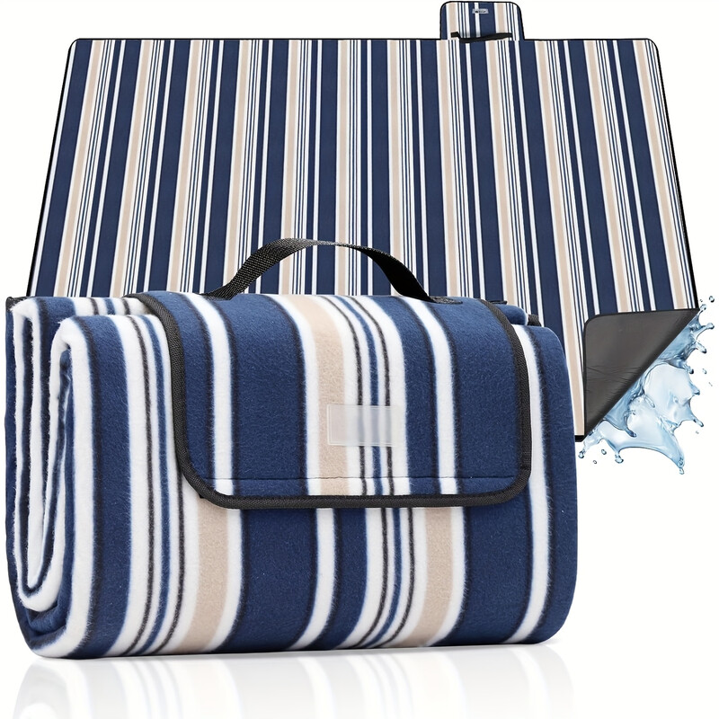 Picknickdecke Wasserdicht 200x200 cm, Sandfeste Strandmatte, PEVA-Wasserdichter Untergrund, Stranddecke Tragbar Faltbar Gepolstert, Für Outdoor-Camping Strand und Wiese, Blau-Weiß-Beige Streifen