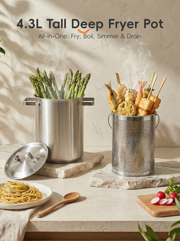 PURECOOK Edelstahl-Fritteusen-Serie | 304er Edelstahl | PURECOOK Fritteuse mit versiegelter Heizbasis, 4,3 Liter