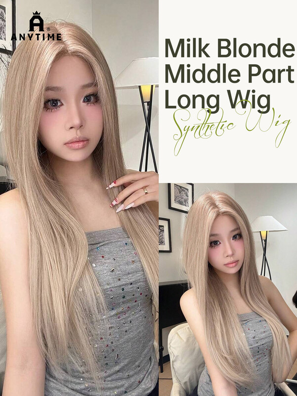 ANYTIME Lange Rechte Synthetische Pruik voor Dames, 28 Inch Melkblond Middenparting met Gezichtslijnende Dunne Pony, Hittebestendige Natuurlijk Uitziende Zijdezachte Haarpruik voor Dagelijks Gebruik, Feest en Cosplay