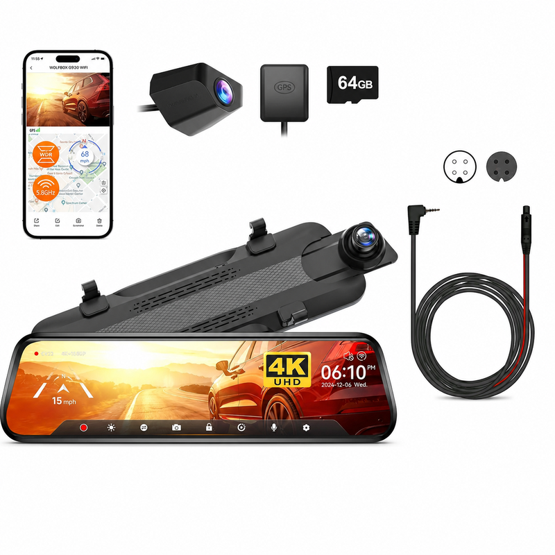 WOLFBOX G930 + 33 ft Rückkamera Verlängerungskabel Bundle, 10 Zoll 4K Spiegel Dashcam Vorne und Hinten mit 5,8 GHz WLAN, GPS, WDR, …