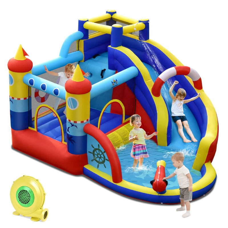 Costway opblaasbaar springkasteel met 550 W luchtblazer, 6-in-1 waterpark, inclusief glijbaan, zwembad en waterkanon
