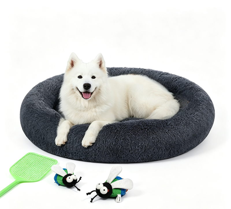 JOYFURNOS Zacht pluche kalmerend hondenbenchkussen met afneembare, machinewasbare hoes, donkergrijs, 120 x 20 cm en groen vlieg kattenkruid speelgoed