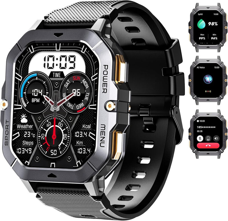 OUKITEL BT101 Black Smartwatch-2.02 Inch Military Smart Watch for Men Bluetooth Call Waterproof Fitness Tracker 410mAh 100+ Sports Modes Android iOS