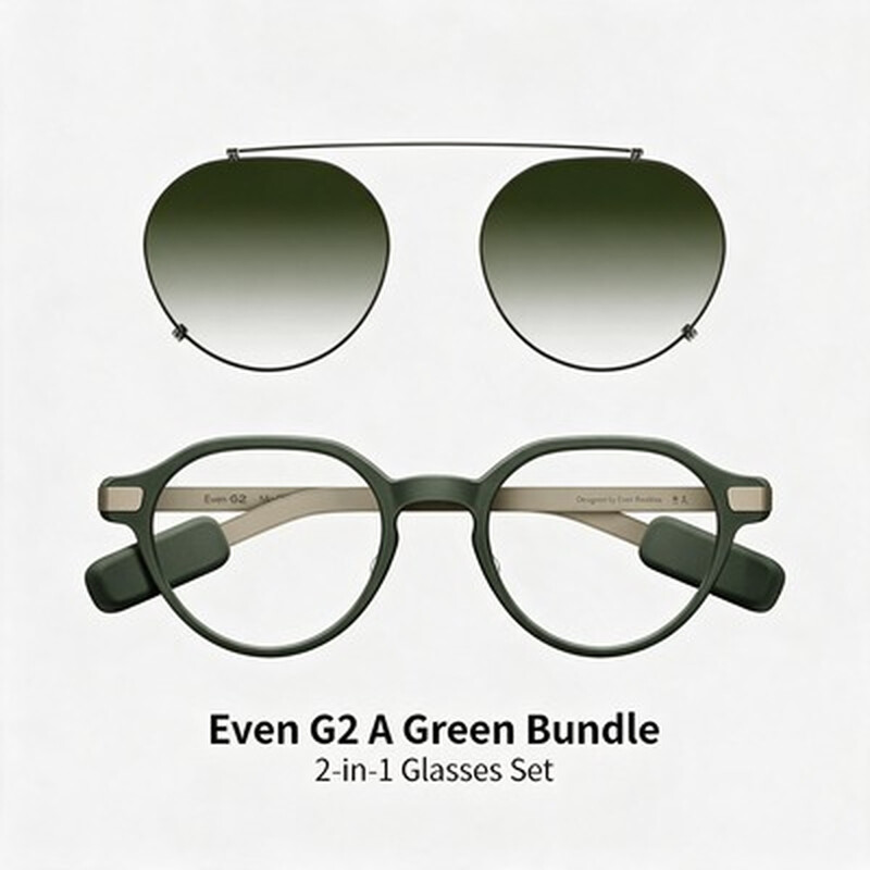 Even Realities - Even G2 A Grün (Panto) + Clip & Pouch Grün Panto Bundle - Alltagsgerechte Display-Smart-Glasses mit Clip-Sonnenblende, Kamerafrei, Datenschutz-First, 2-Tage-Akku, Leistungsstarke Funktionen zur Erweiterung Ihrer Sicht und zum Ermöglichen