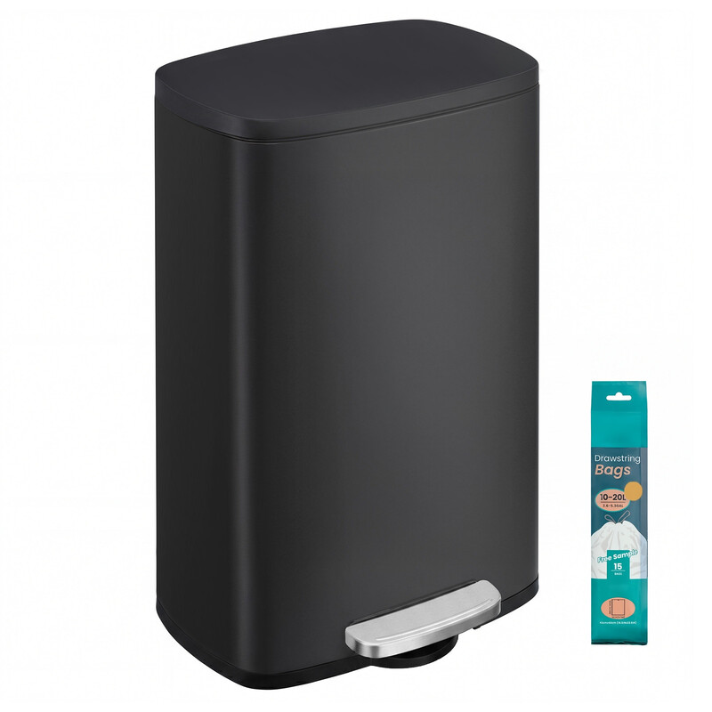 Ochama 50 L Kitchen Bin, Rubbish Bin, Stainless Steel Trash Bin, Soft Close, Step-On Pedal, Removable Inner Bucket, Black