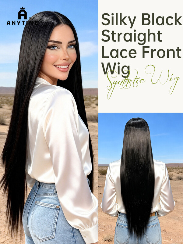 ANYTIME Lange Rechte Synthetische Haarpruik voor Zwarte Vrouwen, 28 Inch Natuurlijk Zwart 13x4 Transparante Lace Front Haarpruik met Realistische Natuurlijke Haarlijn, Hittebestendige Zijdezachte Haarpruik voor Dagelijks Gebruik, Feestjes en Dates