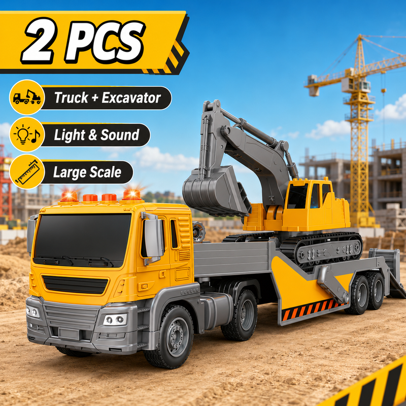 Bagger und LKW Set mit Licht und Sound, 2-teiliges Spielset für Kinder, realistische Fahrzeug-Funktionen und Spielspaß