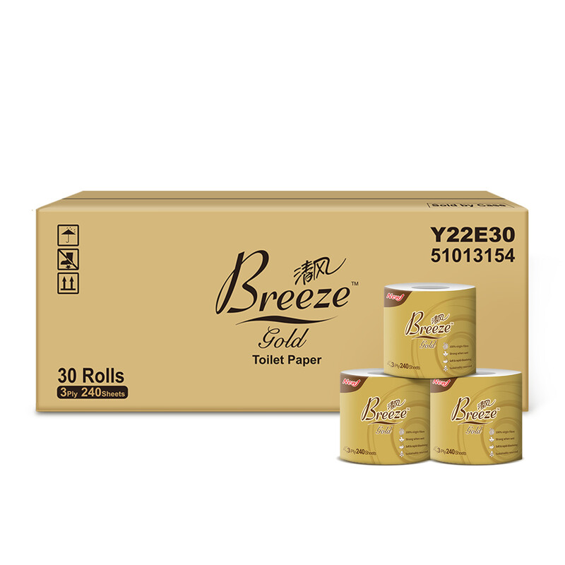 BREEZE GOLD Toilettenpapier 3-lagig 240 Blatt x 30 Rollen insgesamt 7200 Blatt weich & hautfreundlich spülbar für Badezimmer Familie Großpackung