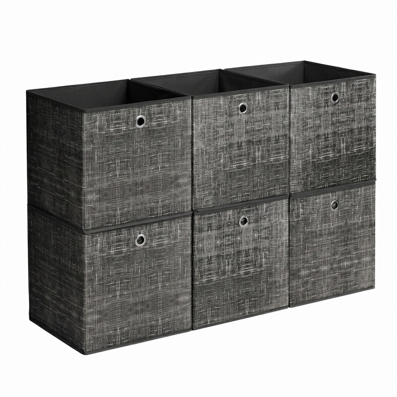 Ochama Storage Cubes, Set of 6, with Handle, Fabric Boxes, 33 x 33 x 33 cm, Foldable, Black